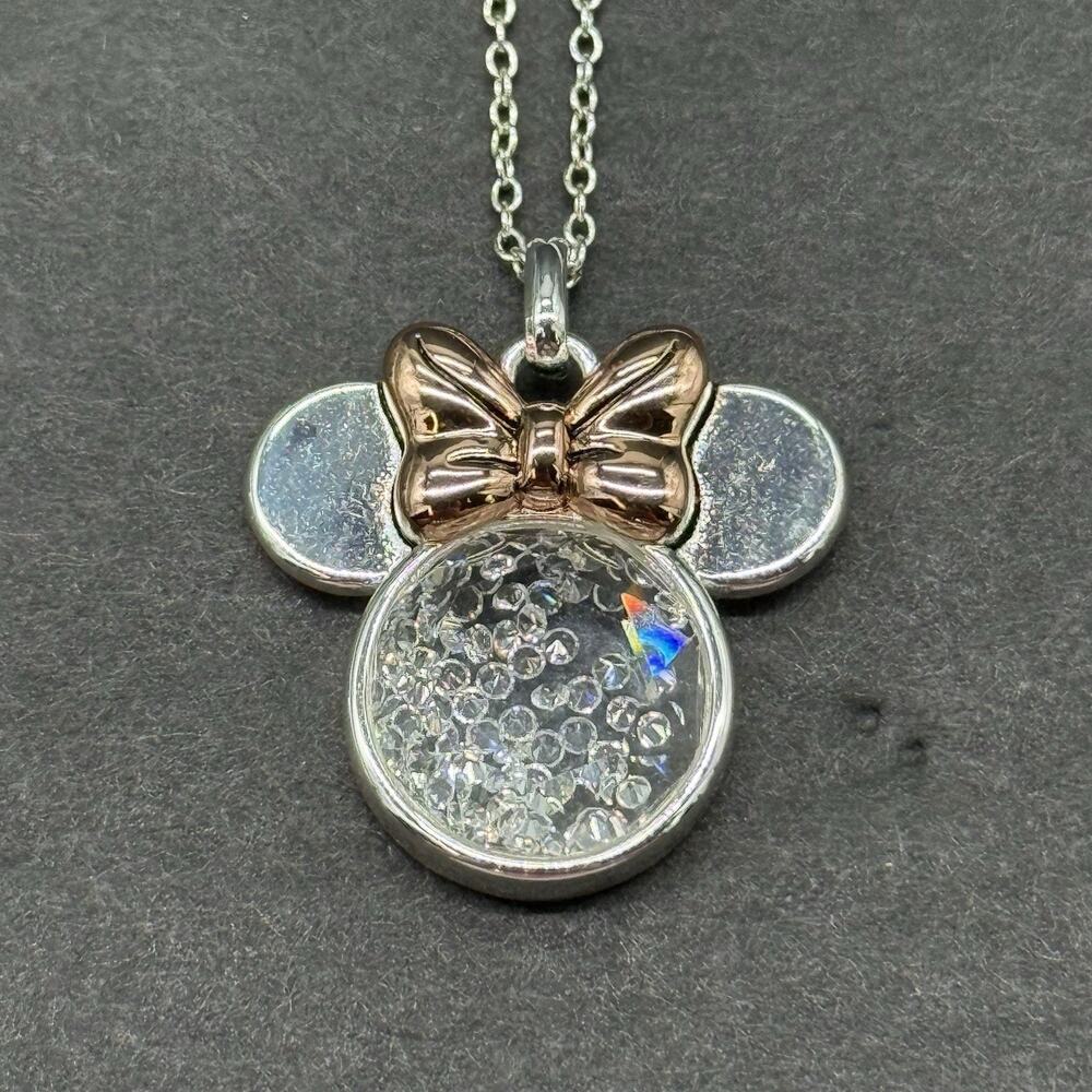 Disney Minnie Mouse Shaker Pendant Necklace Silver Tone Rose Gold Bow 18” NWT
